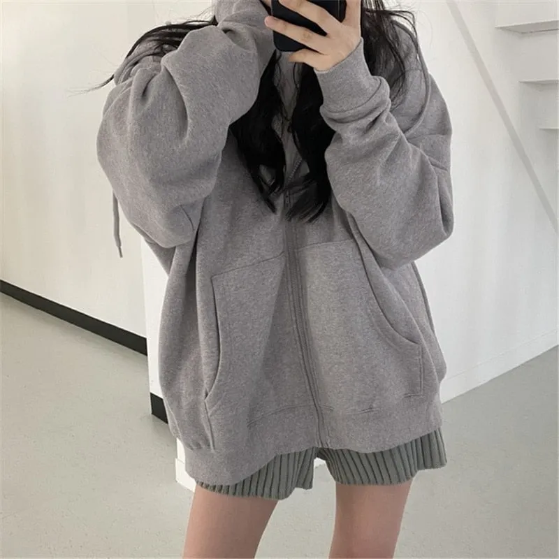 Oversized Solid Color Zip Up Sweatshirt