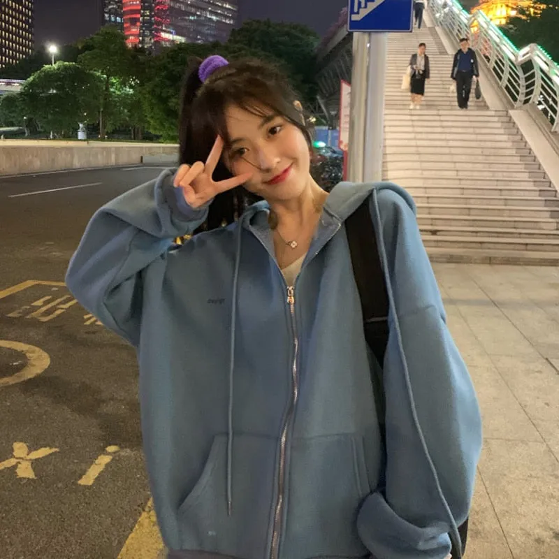 Oversized Solid Color Zip Up Sweatshirt