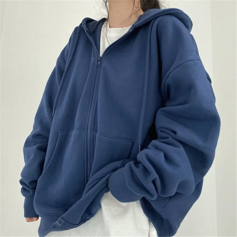 Oversized Solid Color Zip Up Sweatshirt