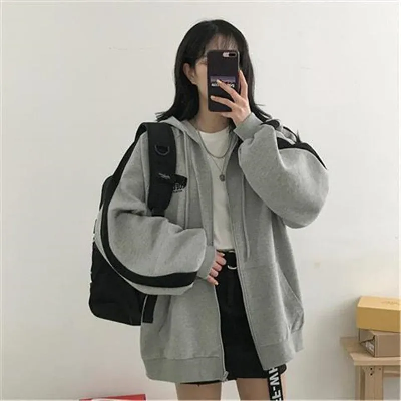 Oversized Solid Color Zip Up Sweatshirt
