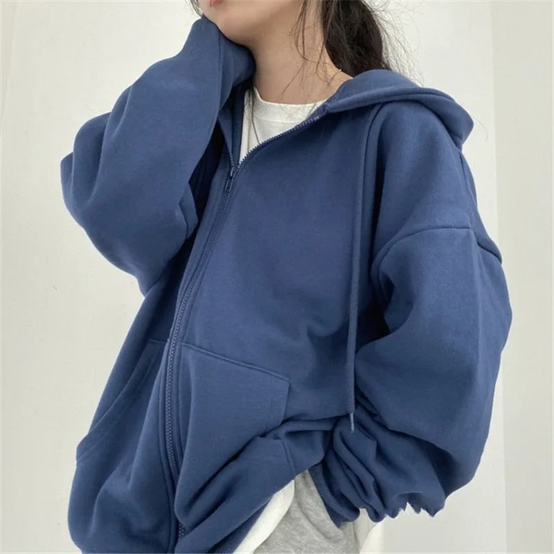 Oversized Solid Color Zip Up Sweatshirt