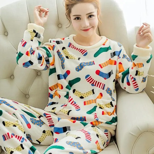 Pajamas Set Women Plush Warm Sexy Autumn Winter Thick Pyjamas Flannel Home Spring  Cartoon Student Sleepwear 2Piece/Set Big Size