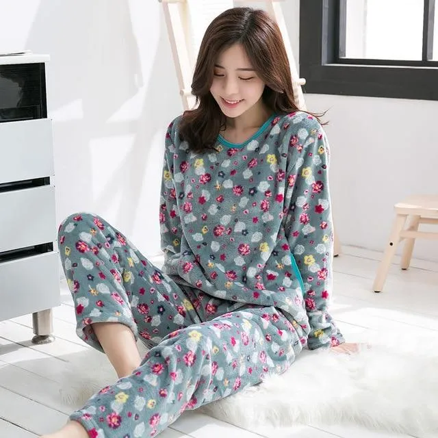 Pajamas Set Women Plush Warm Sexy Autumn Winter Thick Pyjamas Flannel Home Spring  Cartoon Student Sleepwear 2Piece/Set Big Size