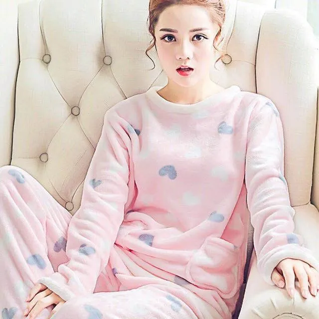 Pajamas Set Women Plush Warm Sexy Autumn Winter Thick Pyjamas Flannel Home Spring  Cartoon Student Sleepwear 2Piece/Set Big Size