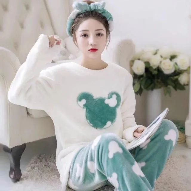Pajamas Set Women Plush Warm Sexy Autumn Winter Thick Pyjamas Flannel Home Spring  Cartoon Student Sleepwear 2Piece/Set Big Size