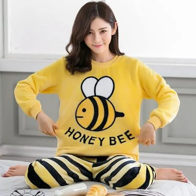 Pajamas Set Women Plush Warm Sexy Autumn Winter Thick Pyjamas Flannel Home Spring  Cartoon Student Sleepwear 2Piece/Set Big Size