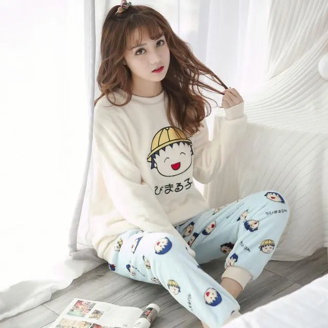 Pajamas Set Women Plush Warm Sexy Autumn Winter Thick Pyjamas Flannel Home Spring  Cartoon Student Sleepwear 2Piece/Set Big Size
