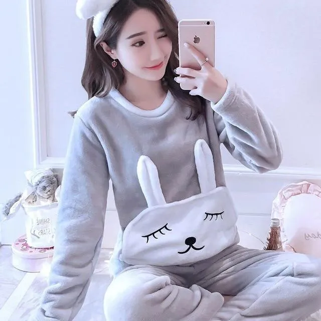 Pajamas Set Women Plush Warm Sexy Autumn Winter Thick Pyjamas Flannel Home Spring  Cartoon Student Sleepwear 2Piece/Set Big Size