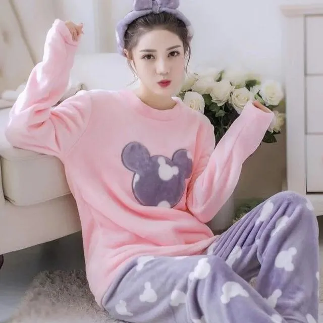 Pajamas Set Women Plush Warm Sexy Autumn Winter Thick Pyjamas Flannel Home Spring  Cartoon Student Sleepwear 2Piece/Set Big Size