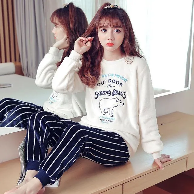 Pajamas Set Women Plush Warm Sexy Autumn Winter Thick Pyjamas Flannel Home Spring  Cartoon Student Sleepwear 2Piece/Set Big Size