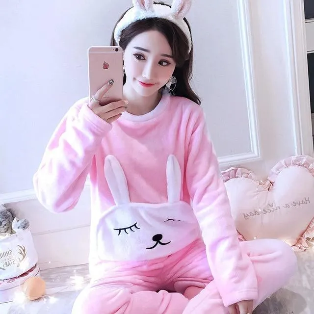 Pajamas Set Women Plush Warm Sexy Autumn Winter Thick Pyjamas Flannel Home Spring  Cartoon Student Sleepwear 2Piece/Set Big Size