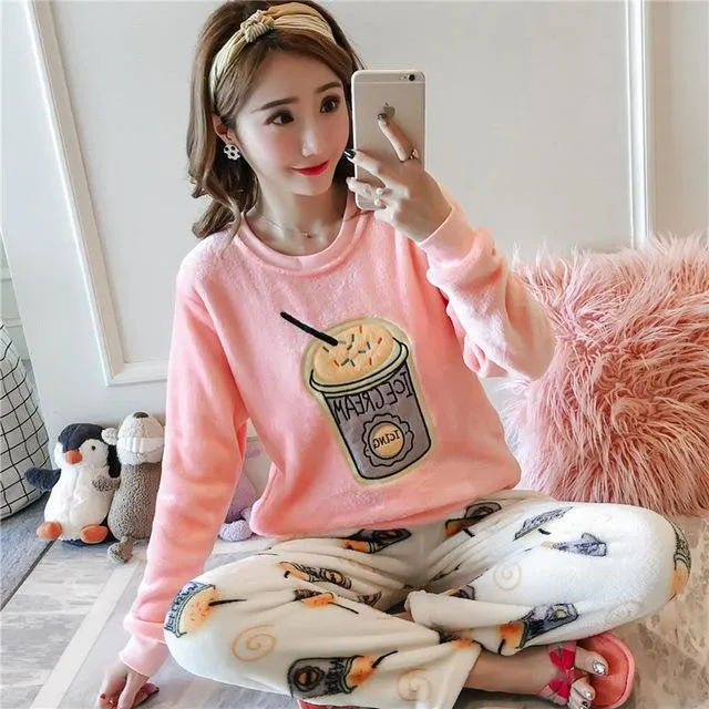 Pajamas Set Women Plush Warm Sexy Autumn Winter Thick Pyjamas Flannel Home Spring  Cartoon Student Sleepwear 2Piece/Set Big Size