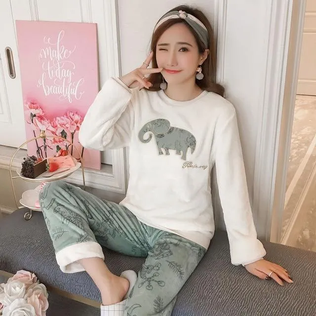 Pajamas Set Women Plush Warm Sexy Autumn Winter Thick Pyjamas Flannel Home Spring  Cartoon Student Sleepwear 2Piece/Set Big Size