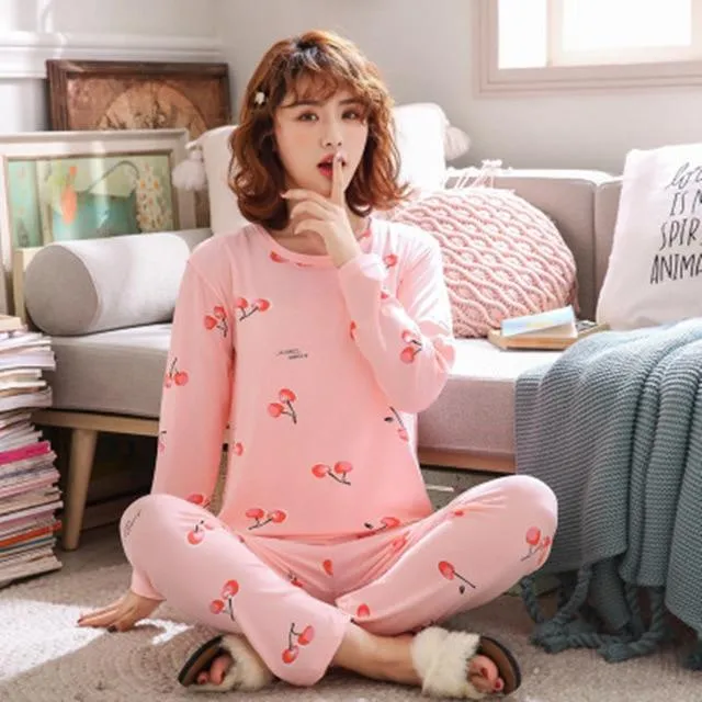 Pajamas Set Women Plush Warm Sexy Autumn Winter Thick Pyjamas Flannel Home Spring  Cartoon Student Sleepwear 2Piece/Set Big Size