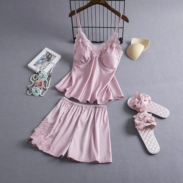 Pajamas Sets Silk Women Nightgowns Sexy Ladies Satin Nightwear Women Robe Nighties Sleepwear shorts combinaison pyjama femme
