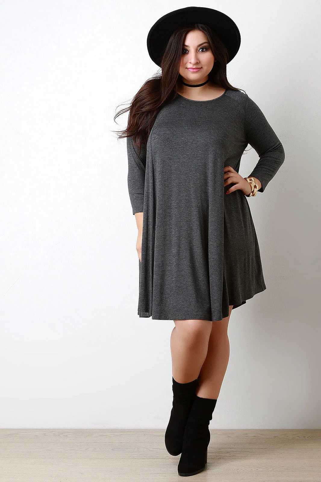 Round Neck Long Sleeves Teardrop Midi Shift Dress