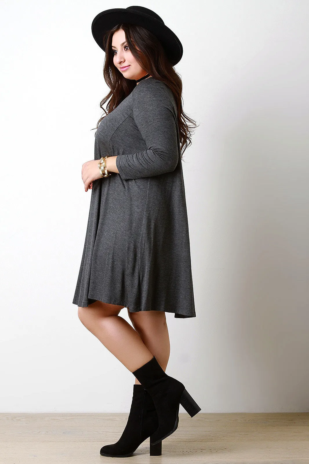 Round Neck Long Sleeves Teardrop Midi Shift Dress