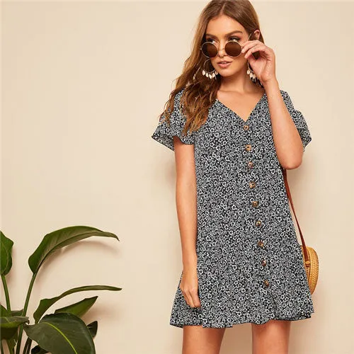 SHEIN Lady Boho Ruffle Hem Drop Waist Button Up Floral Dress