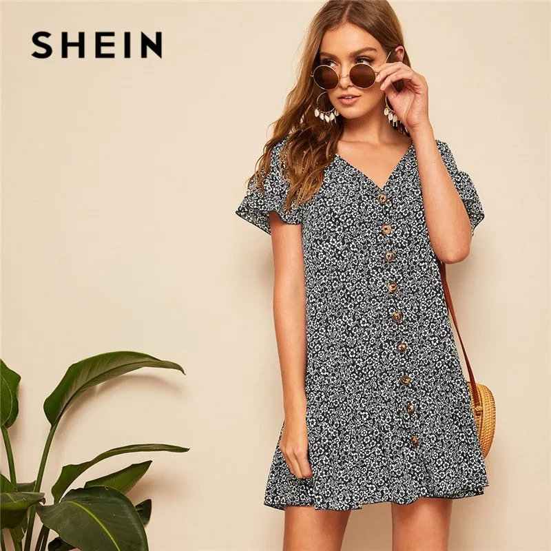 SHEIN Lady Boho Ruffle Hem Drop Waist Button Up Floral Dress