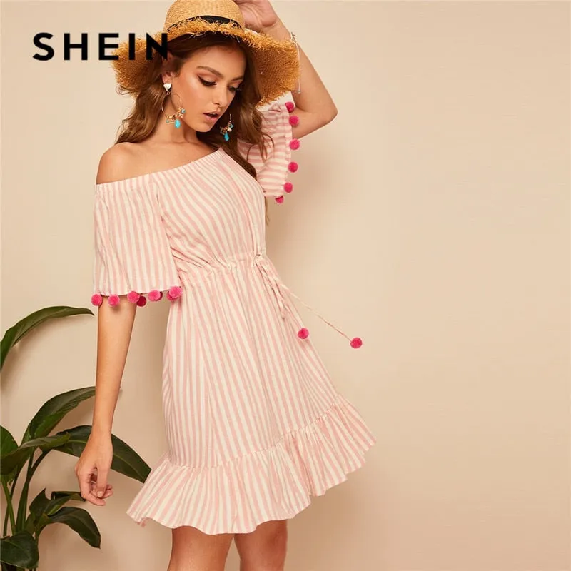 SHEIN Pink Boho Drawstring Waist Pom Pom Detail Stripe Bardot Summer Dress