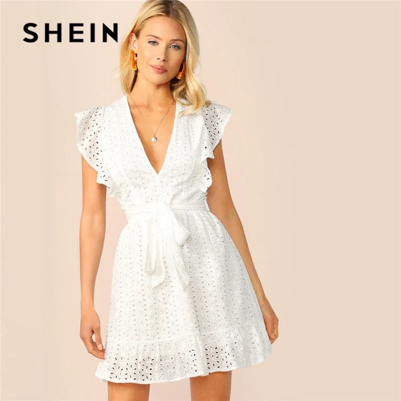 SHEIN Plunging Neck Ruffle Armhole Schiffy Summer Dress