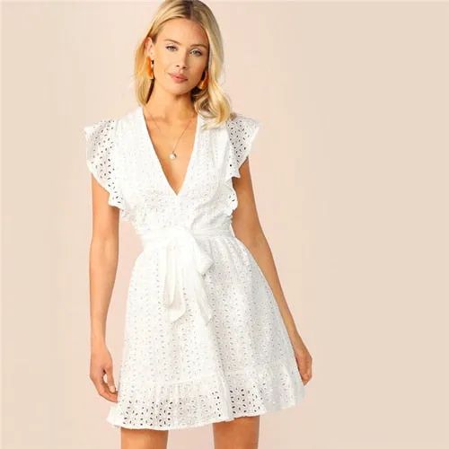 SHEIN Plunging Neck Ruffle Armhole Schiffy Summer Dress