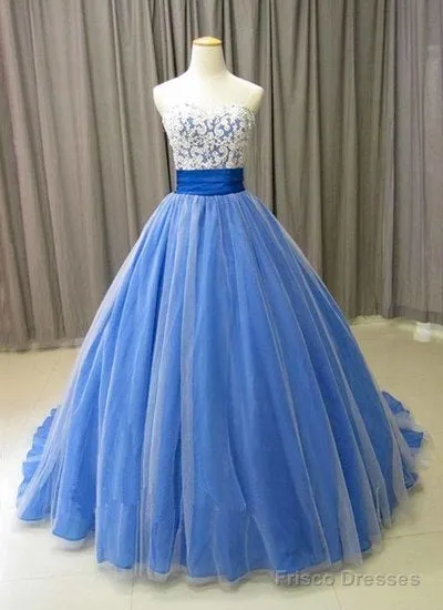 Spring Blue Tulle Long Formal Lace Prom Dress, Evening Dress