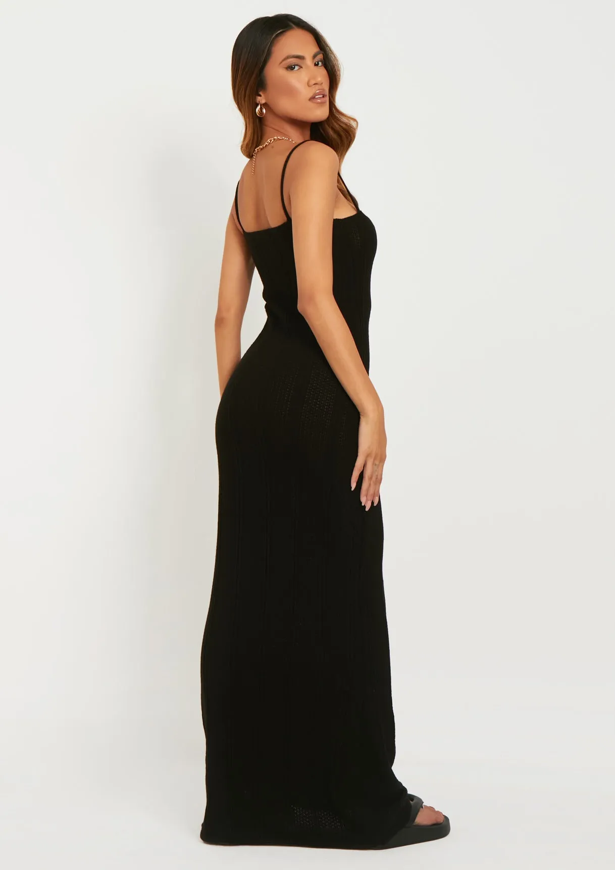 Stella Black Ruched Front Crochet Maxi Dress