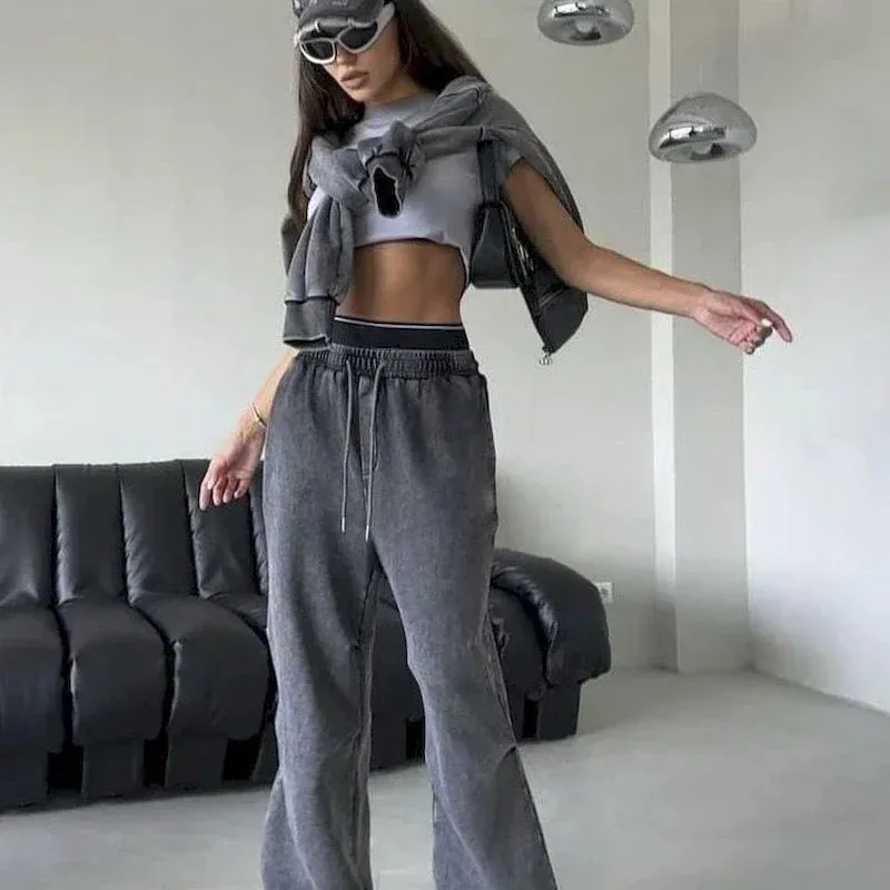 Vintage Distressed Hip-hop Harajuku Zipper Hooded Wide Leg Tracksuit Hoody