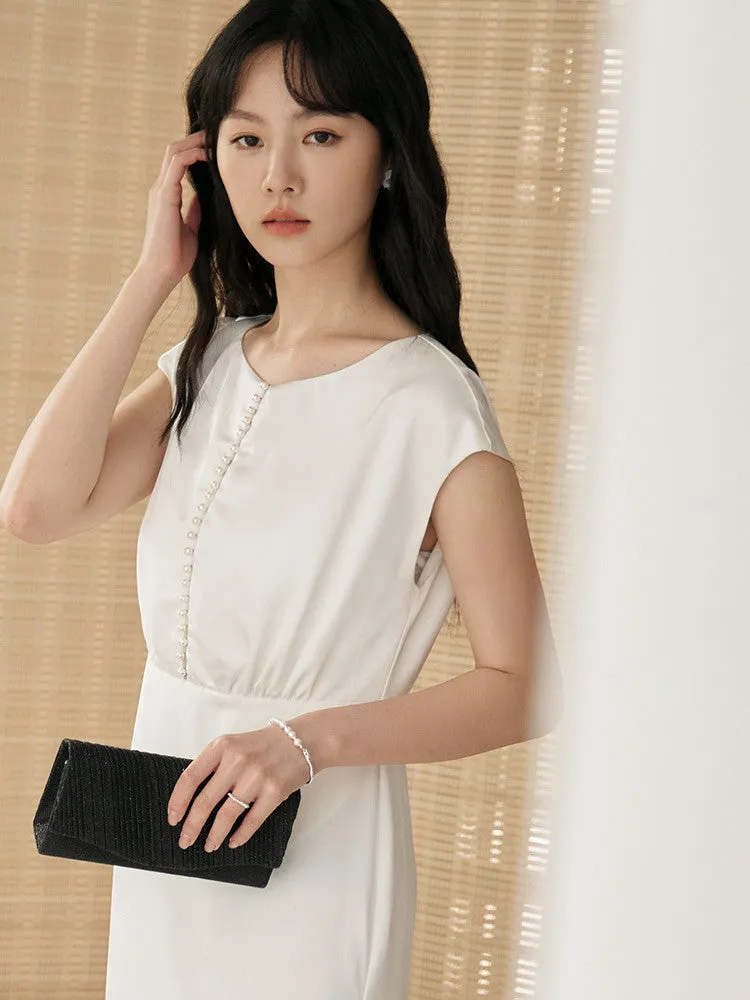 Wedding Dinner Party Pearl Button Long Maxi Fishtail Dress