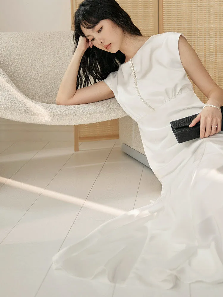 Wedding Dinner Party Pearl Button Long Maxi Fishtail Dress