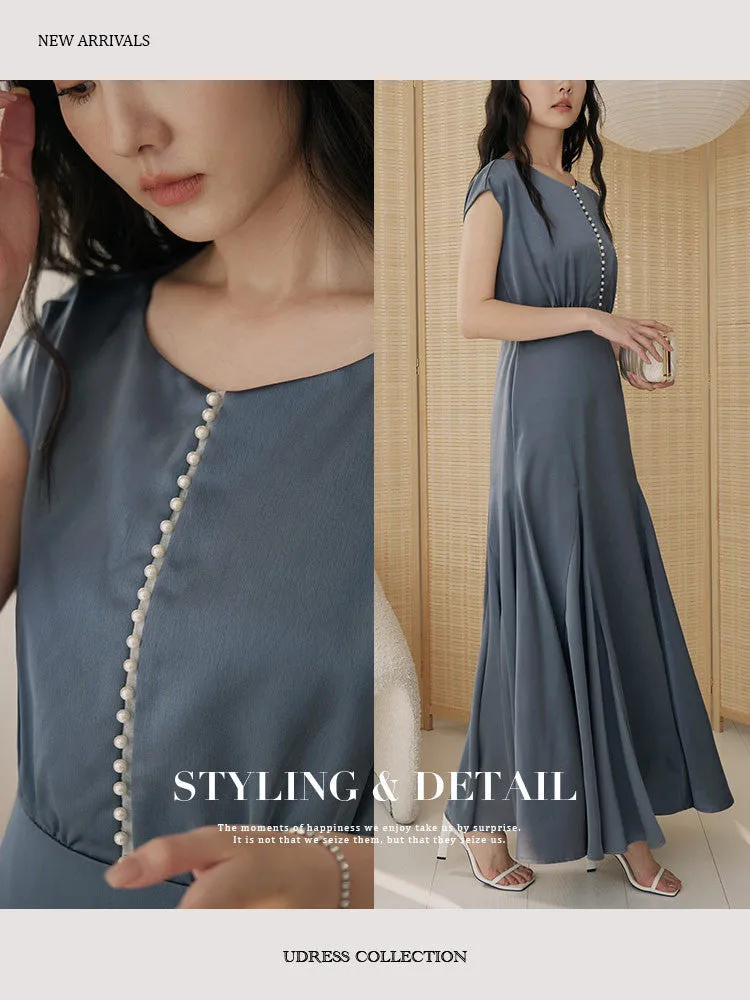 Wedding Dinner Party Pearl Button Long Maxi Fishtail Dress