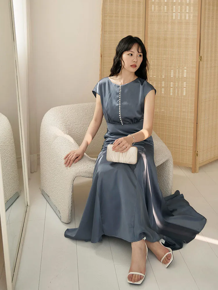 Wedding Dinner Party Pearl Button Long Maxi Fishtail Dress