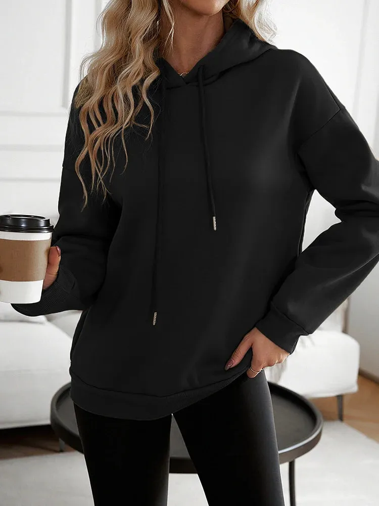 Women Casual Black Loose Hoodies Autumn Winter Long Sleeve Hooded Sweatshirt Thick Simple Tops Lazy Style Pullover 2024 New Sale