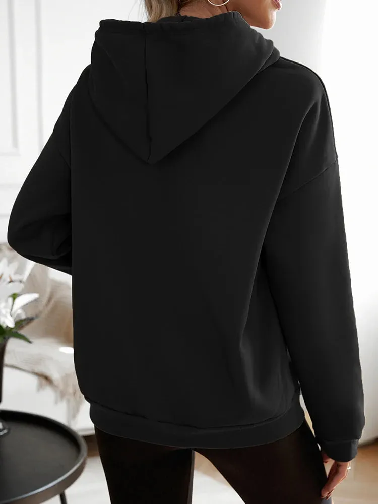 Women Casual Black Loose Hoodies Autumn Winter Long Sleeve Hooded Sweatshirt Thick Simple Tops Lazy Style Pullover 2024 New Sale