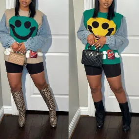 Y2k Aesthetic Smiley Face Color Block Knit Denim Sweatshirt Clothing
