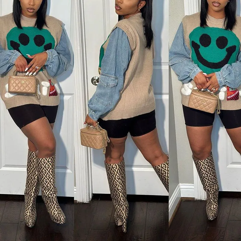 Y2k Aesthetic Smiley Face Color Block Knit Denim Sweatshirt Clothing