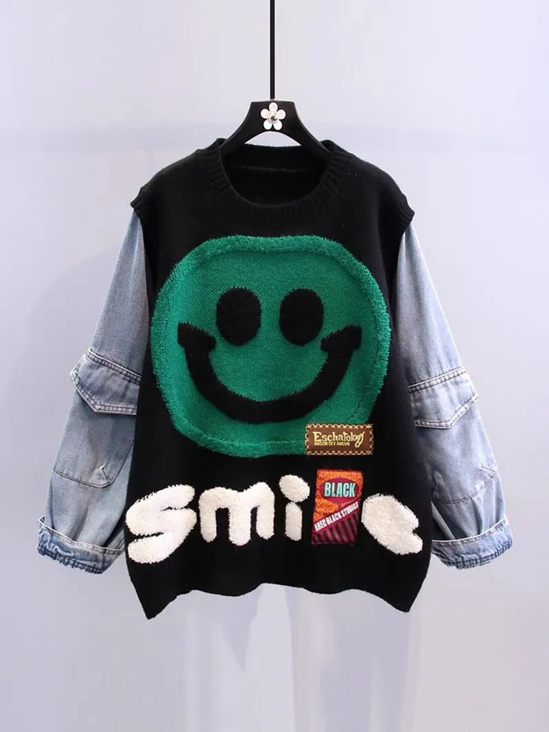 Y2k Aesthetic Smiley Face Color Block Knit Denim Sweatshirt Clothing