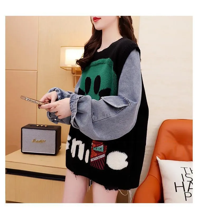 Y2k Aesthetic Smiley Face Color Block Knit Denim Sweatshirt Clothing