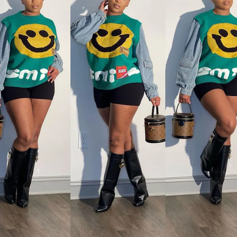 Y2k Aesthetic Smiley Face Color Block Knit Denim Sweatshirt Clothing